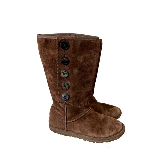 Ugg Australia Lo Pro Button Fold Over Boots Womens Sz 7 Vegan Leather Brown - Picture 1 of 10